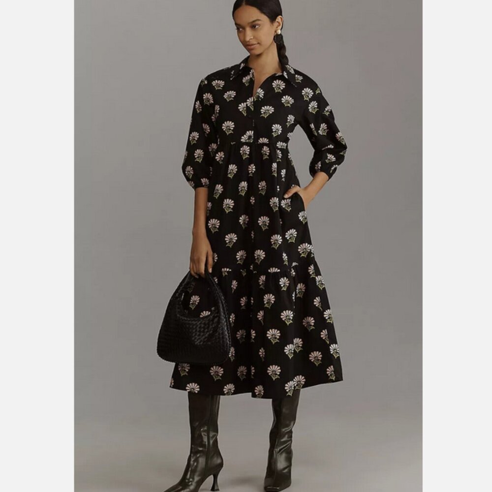Maeve by Anthropologie Black 3/4 Sleeve Floral Midi Dress - Picture 4 of 14